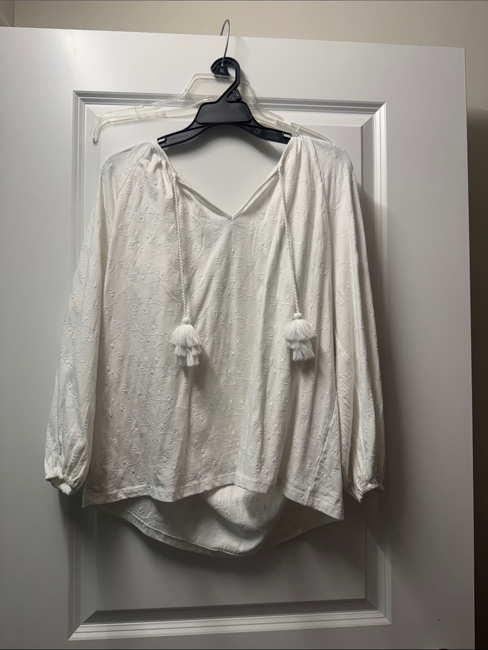 White Embroidered Tassel Peasant Top - Women